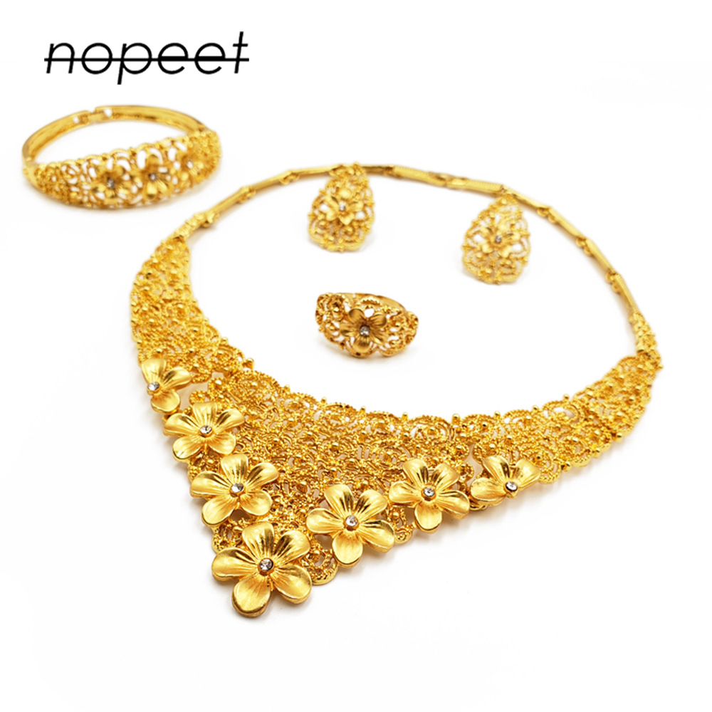 Dubai Gold Ornament African Bridal Jewelry Set Saudi Women Necklace Bracelet Earrings Four-Piece Ring Set