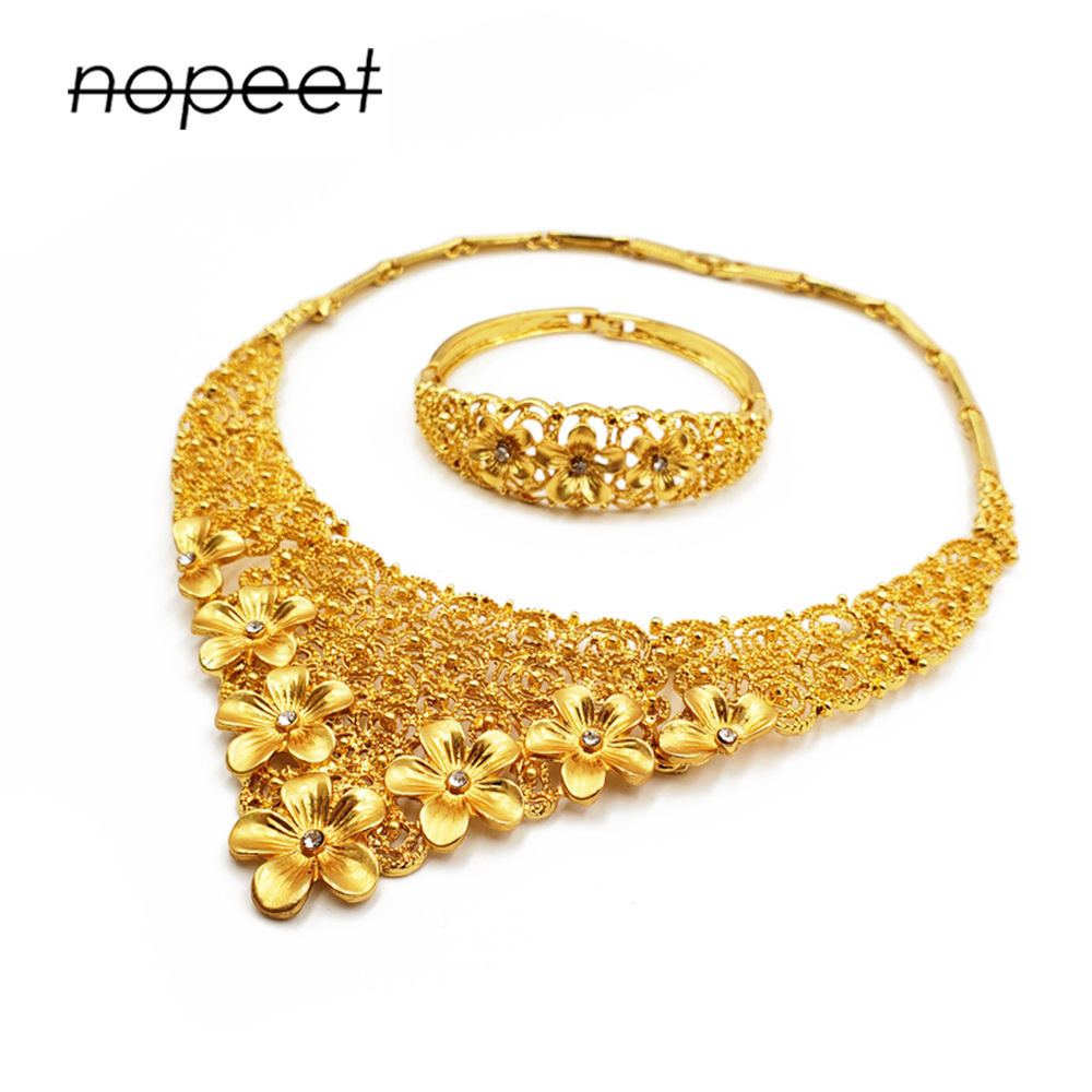 Dubai Gold Ornament African Bridal Jewelry Set Saudi Women Necklace Bracelet Earrings Four-Piece Ring Set