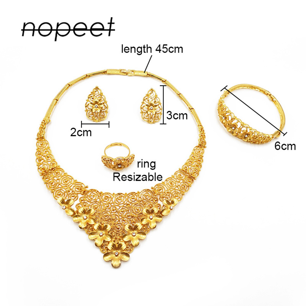 Dubai Gold Ornament African Bridal Jewelry Set Saudi Women Necklace Bracelet Earrings Four-Piece Ring Set