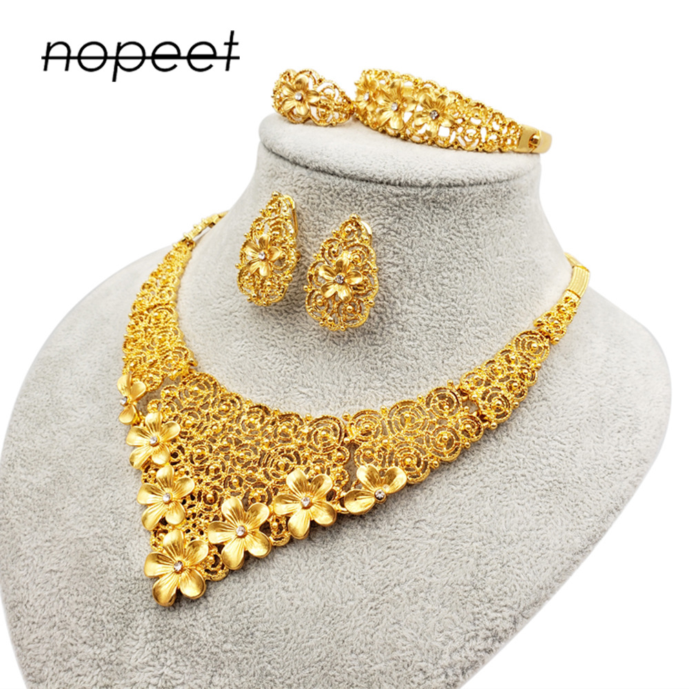 Dubai Gold Ornament African Bridal Jewelry Set Saudi Women Necklace Bracelet Earrings Four-Piece Ring Set