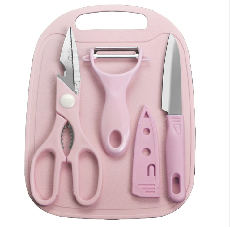 Amazon E-Commerce Hot Sale Plastic Cutting Board Paring Knife Scissors Four-Piece Set Chopping Board for Fruits Kitchen