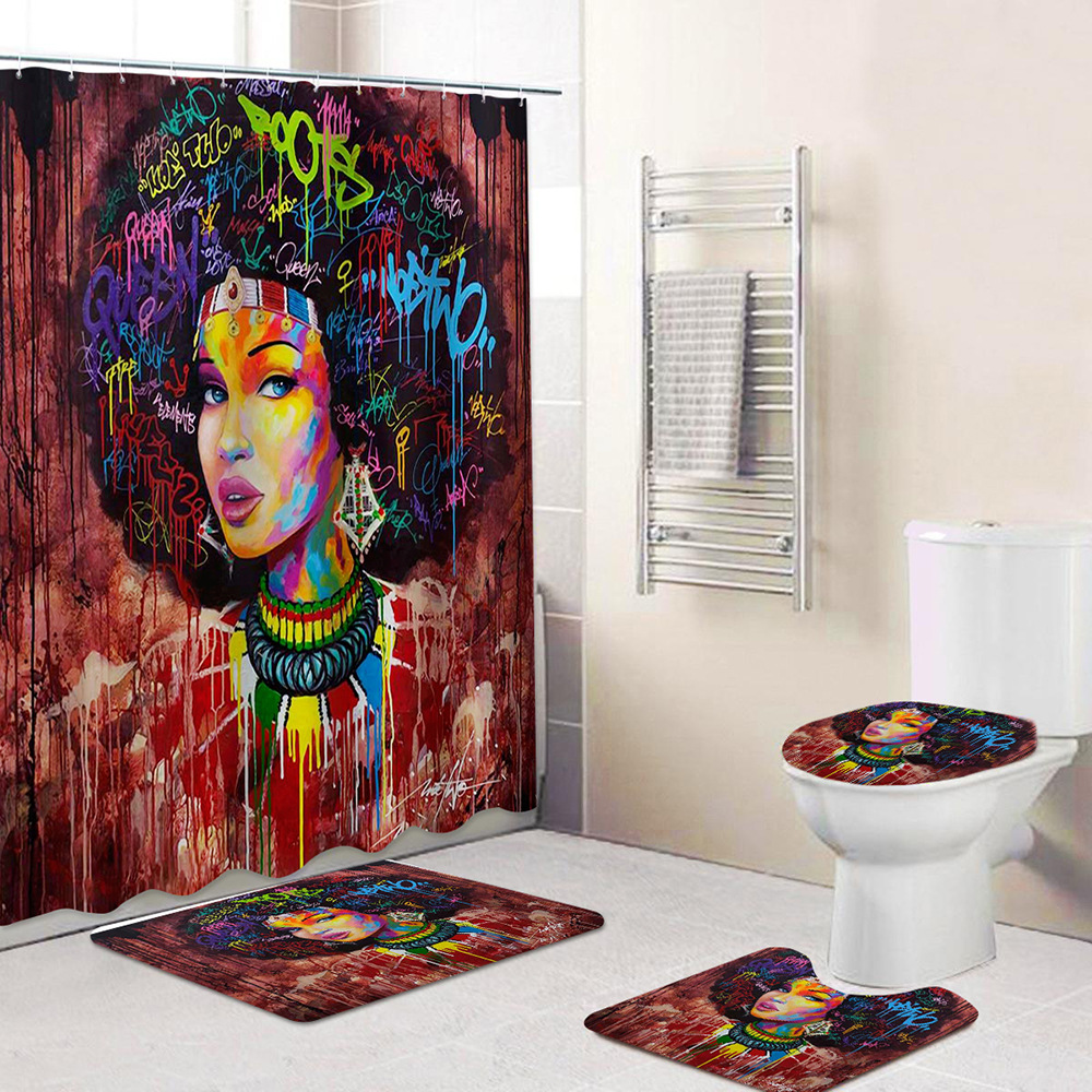 Cross-Border European and American Style African Women&#039;s Bathroom Non-Slip Floor Mat Flannel Printed Sponge Floor Mat Toilet Four-Piece Set