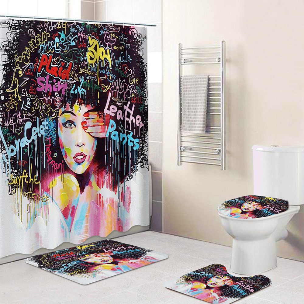 Cross-Border European and American Style African Women&#039;s Bathroom Non-Slip Floor Mat Flannel Printed Sponge Floor Mat Toilet Four-Piece Set
