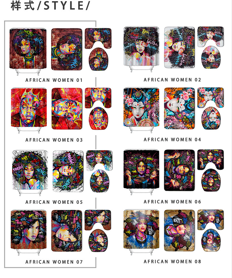 Cross-Border European and American Style African Women's Bathroom Non-Slip Floor Mat Flannel Printed Sponge Floor Mat Toilet Four-Piece Set