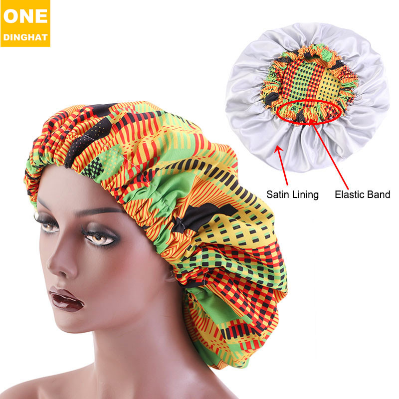 Extra Large African Printed Double Layer Nightcap Satin Lining Elastic Wide Brim Tam-O'-Shanter Amazon Hot Sale
