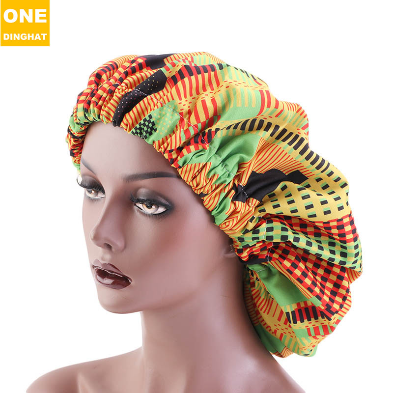 Extra Large African Printed Double Layer Nightcap Satin Lining Elastic Wide Brim Tam-O'-Shanter Amazon Hot Sale
