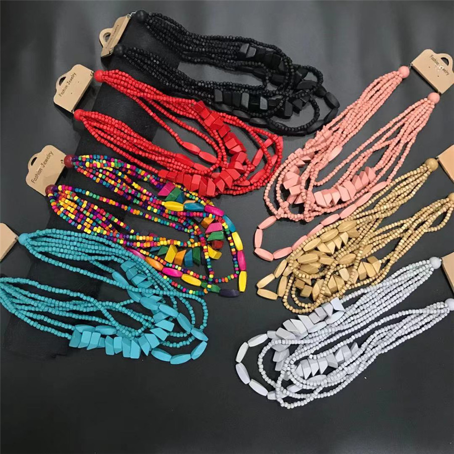Amazon Hot Wooden Multi-Layer Beaded Long Necklace Women&#039;s Bohemian African Style Necklace Sweater Chain
