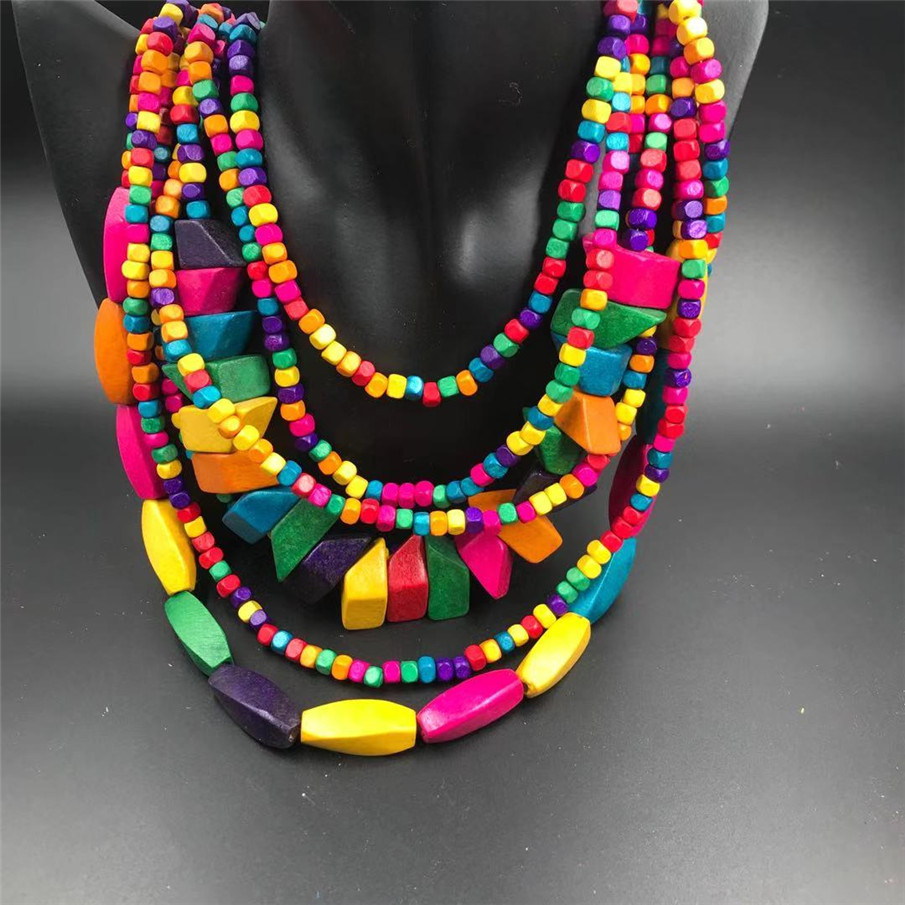 Amazon Hot Wooden Multi-Layer Beaded Long Necklace Women&#039;s Bohemian African Style Necklace Sweater Chain