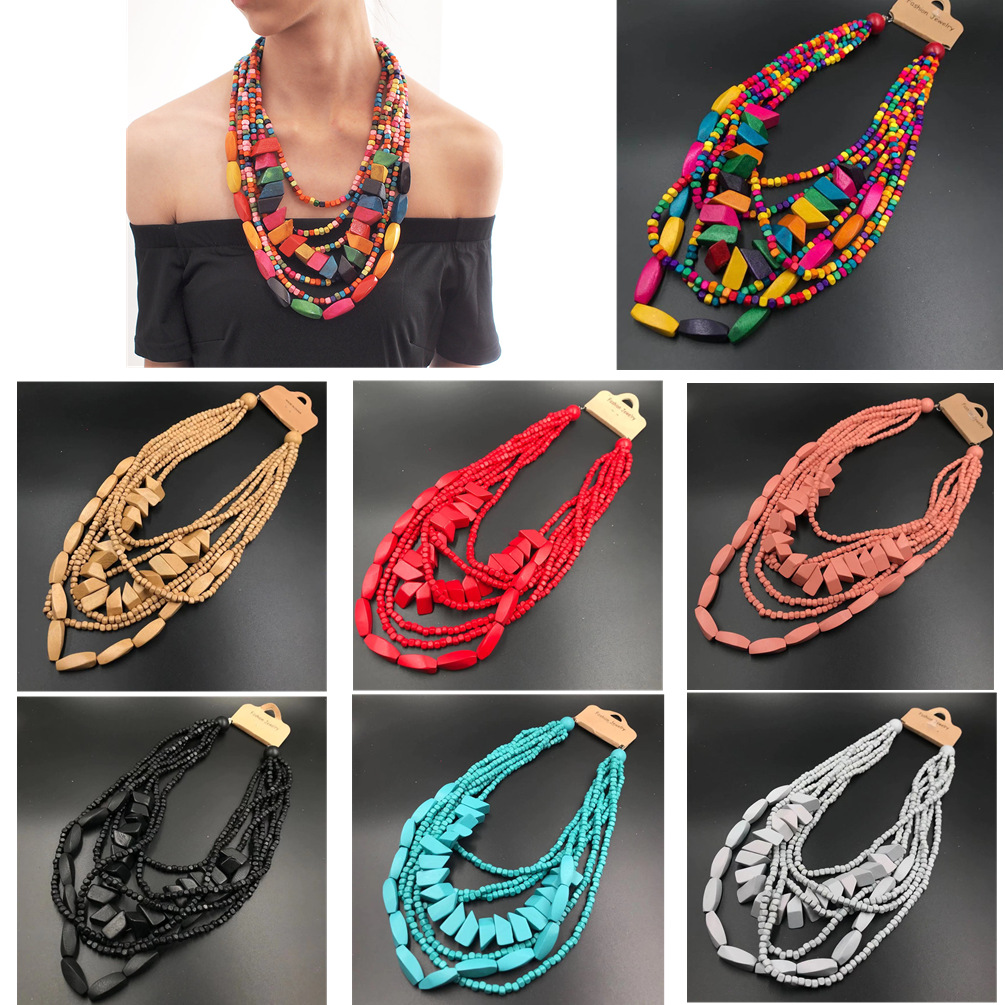 Amazon Hot Wooden Multi-Layer Beaded Long Necklace Women&#039;s Bohemian African Style Necklace Sweater Chain