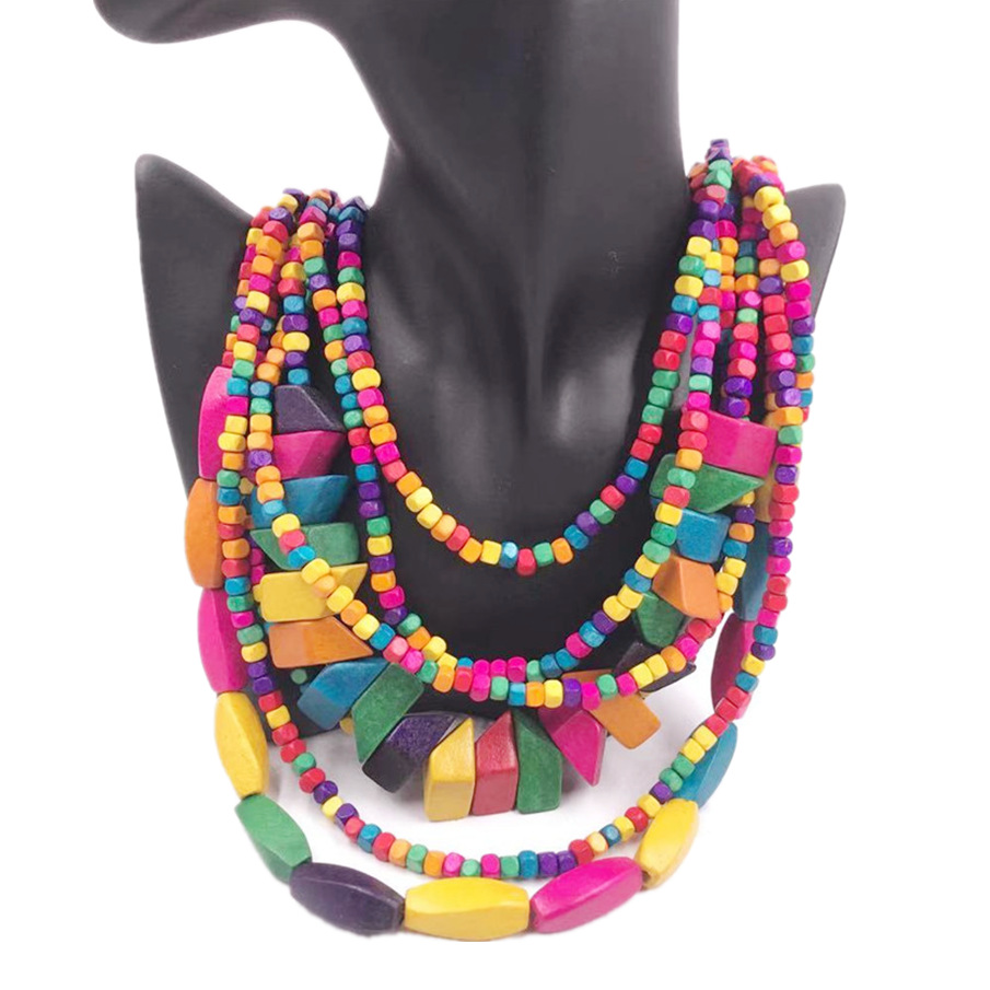 Amazon Hot Wooden Multi-Layer Beaded Long Necklace Women&#039;s Bohemian African Style Necklace Sweater Chain
