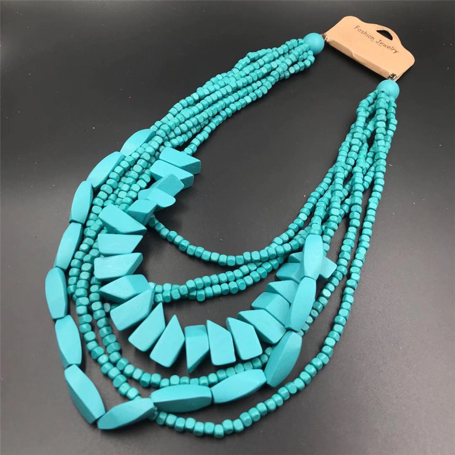 Amazon Hot Wooden Multi-Layer Beaded Long Necklace Women's Bohemian African Style Necklace Sweater Chain