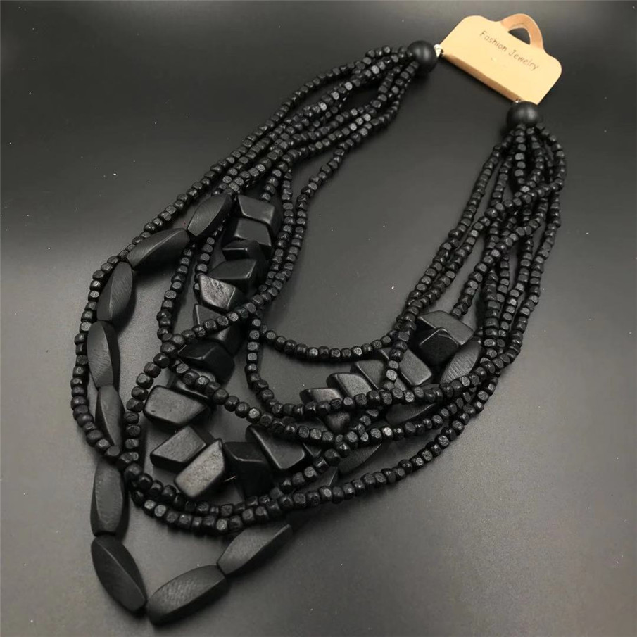 Amazon Hot Wooden Multi-Layer Beaded Long Necklace Women's Bohemian African Style Necklace Sweater Chain