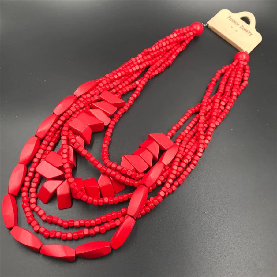 Amazon Hot Wooden Multi-Layer Beaded Long Necklace Women's Bohemian African Style Necklace Sweater Chain