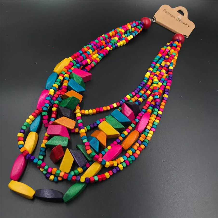 Amazon Hot Wooden Multi-Layer Beaded Long Necklace Women's Bohemian African Style Necklace Sweater Chain