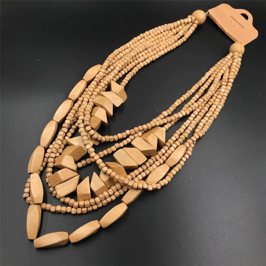 Amazon Hot Wooden Multi-Layer Beaded Long Necklace Women's Bohemian African Style Necklace Sweater Chain