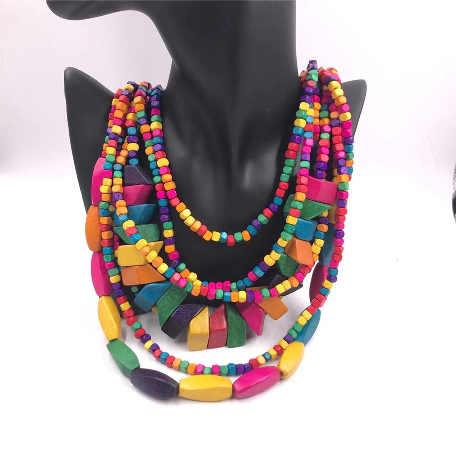 Amazon Hot Wooden Multi-Layer Beaded Long Necklace Women's Bohemian African Style Necklace Sweater Chain