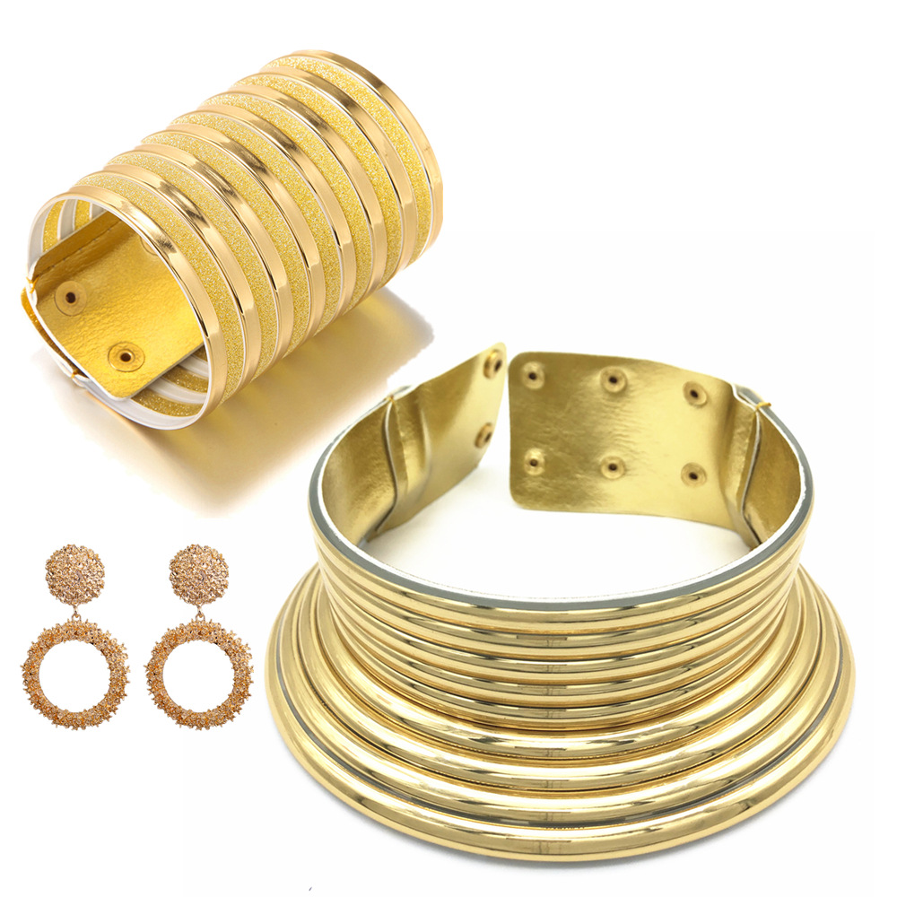 European and American Exaggerated Collar Bracelet Three-Piece Earrings Set Amazon Hot Choker African Tribal Necklace Ornament