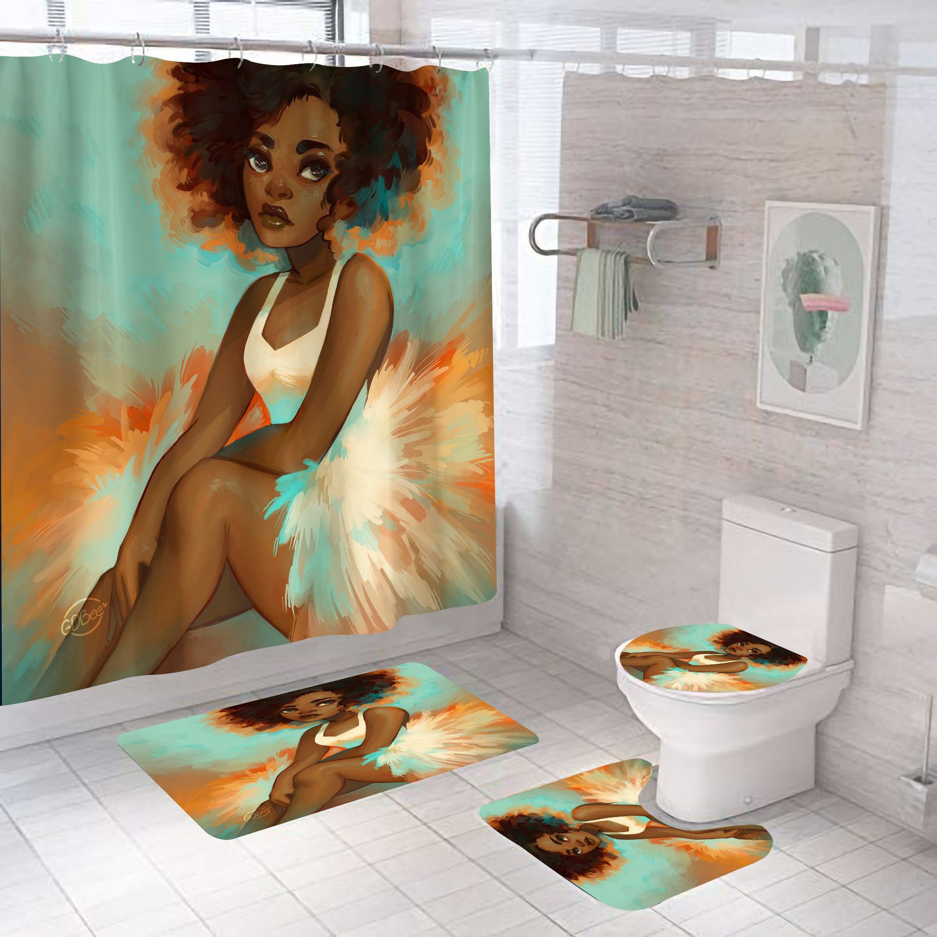 Cross-Border Supply 3D Digital Printing Light Green African Women's Head Series Waterproof Shower Curtain Polyester Four-Piece Suit