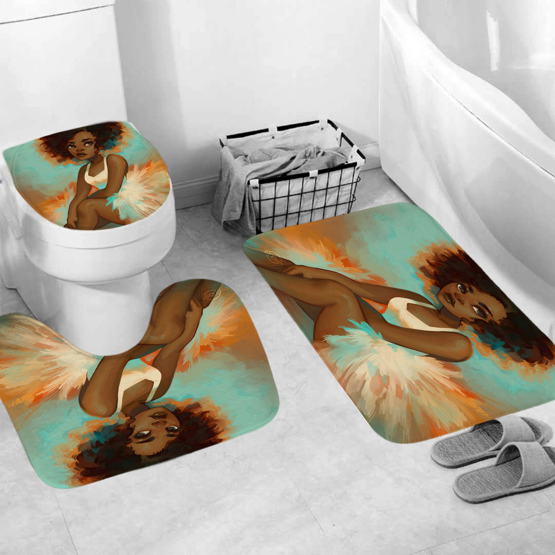 Cross-Border Supply 3D Digital Printing Light Green African Women's Head Series Waterproof Shower Curtain Polyester Four-Piece Suit