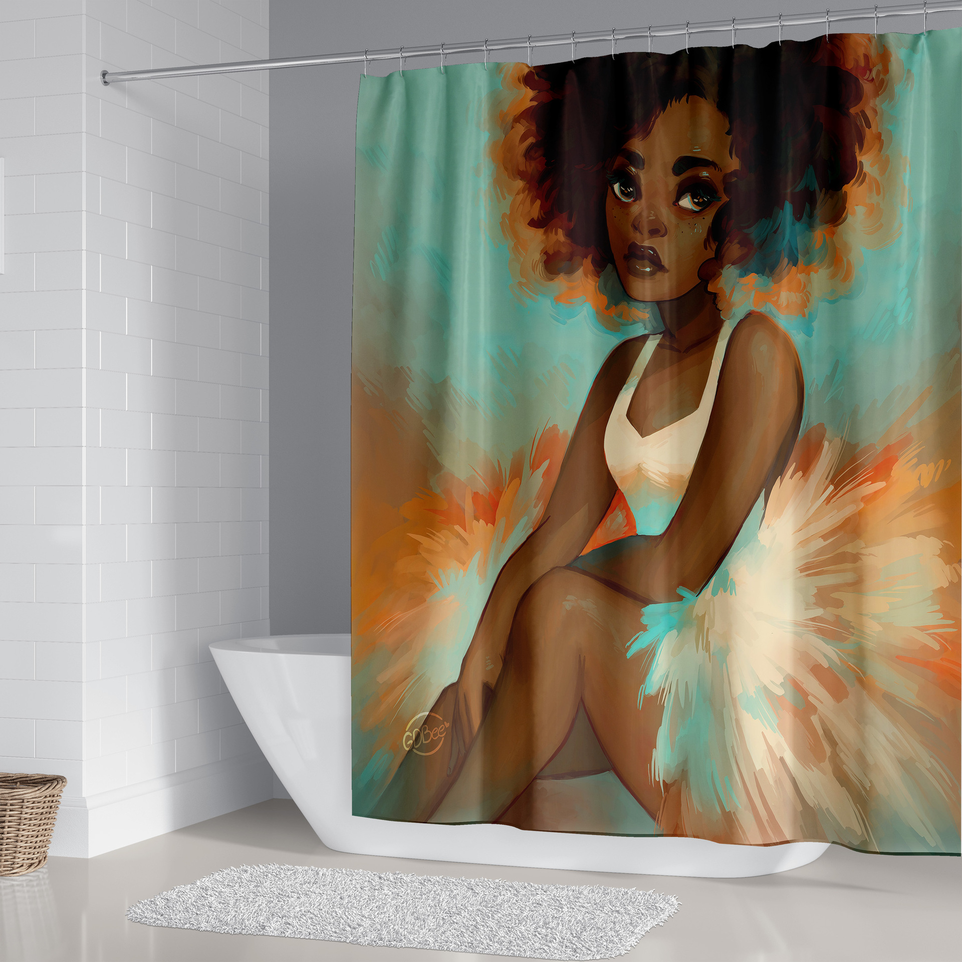 Cross-Border Supply 3D Digital Printing Light Green African Women's Head Series Waterproof Shower Curtain Polyester Four-Piece Suit