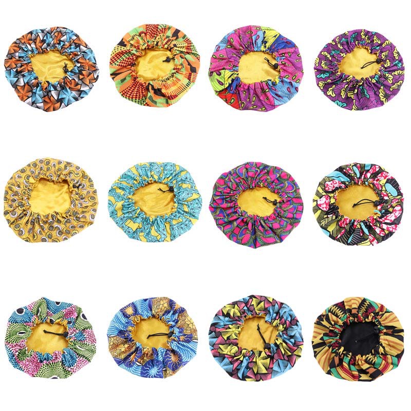 Amazon New Supply Children's Satin Nightcap African Batik Printing Double Layer round Cap Elastic Adjustable Buckle
