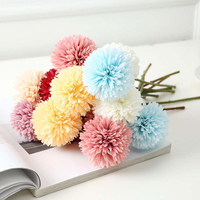 Artificial Flower Ball Chrysanthemum Dandelion Single African Table Tennis Chrysanthemum Home Living Room Decoration Raw Silk Potted Flower Arrangement