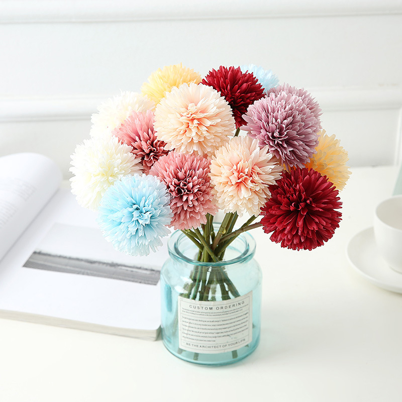 Artificial Flower Ball Chrysanthemum Dandelion Single African Table Tennis Chrysanthemum Home Living Room Decoration Raw Silk Potted Flower Arrangement