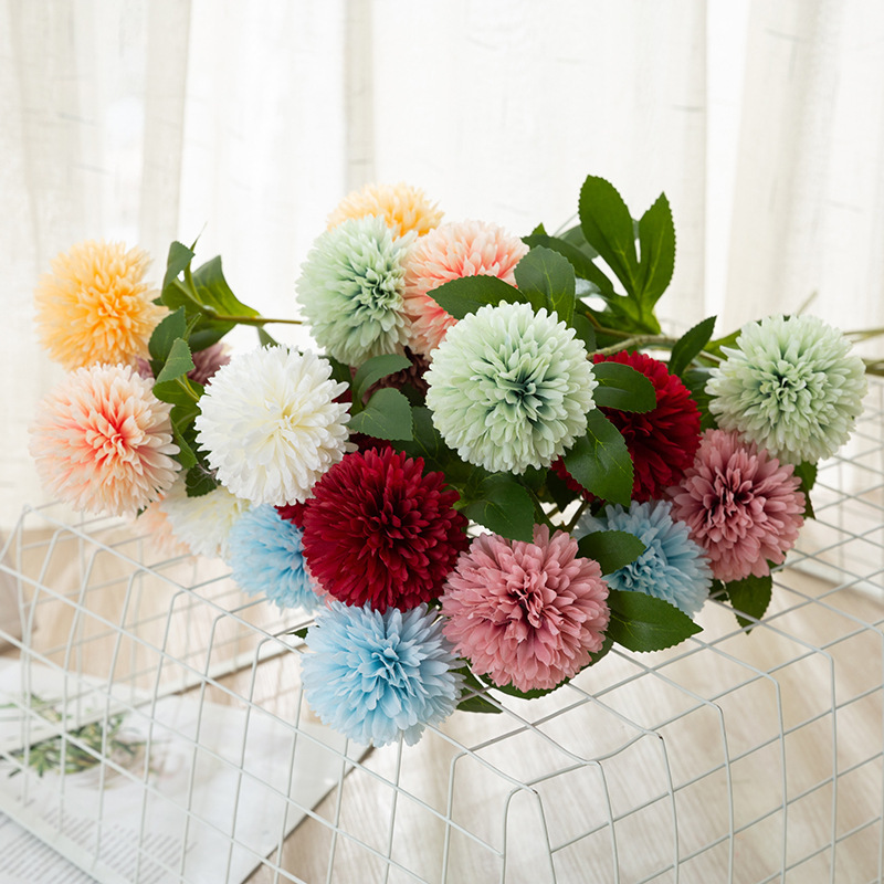 Artificial Flower Ball Chrysanthemum Dandelion Single African Table Tennis Chrysanthemum Home Living Room Decoration Raw Silk Potted Flower Arrangement
