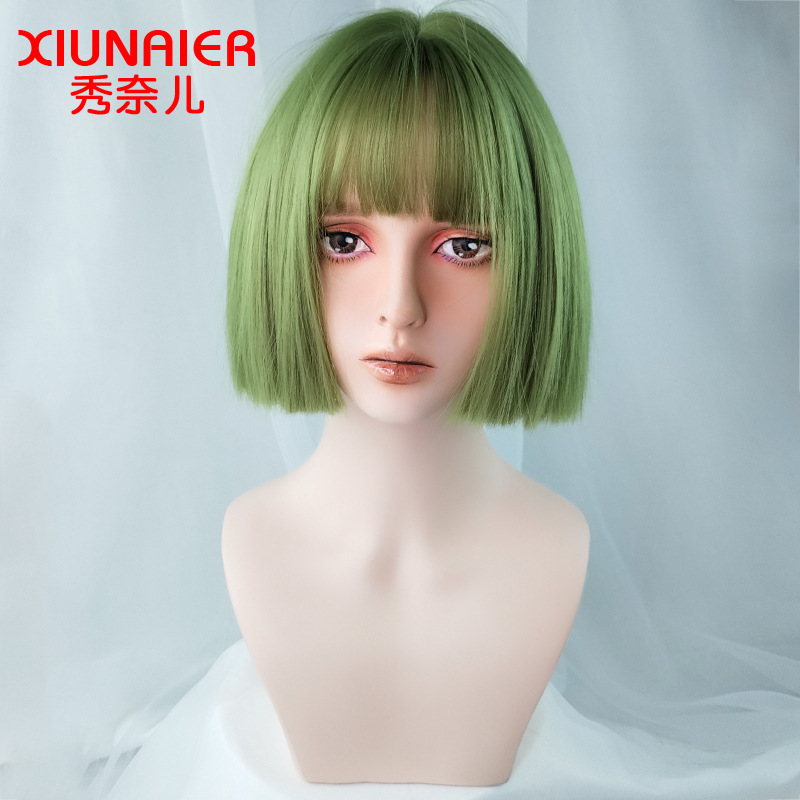 Cross-Border E-Commerce for Cosplay Anime Color Wig Female Short Hair Green Air Bangs Wig Sheath