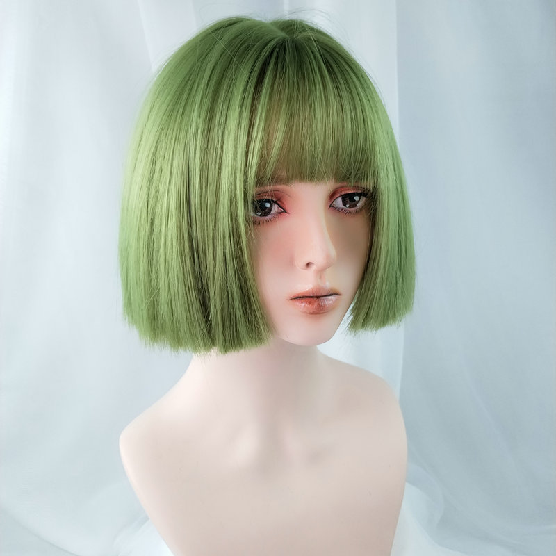 Cross-Border E-Commerce for Cosplay Anime Color Wig Female Short Hair Green Air Bangs Wig Sheath Cross-Border E-Commerce for Cosplay Anime Color Wig Female Short Hair Green Air Bangs Wig Sheath