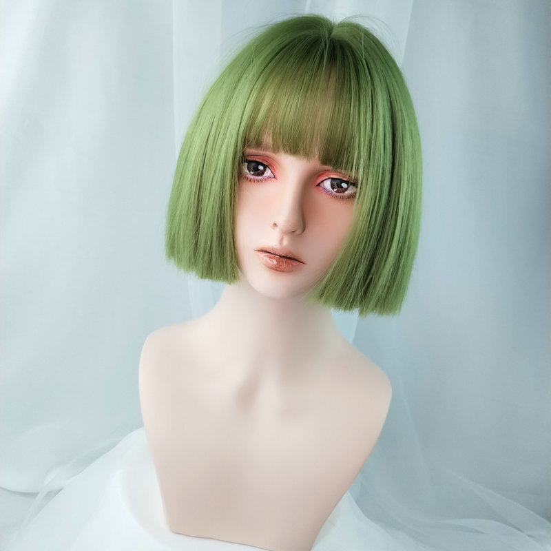 Cross-Border E-Commerce for Cosplay Anime Color Wig Female Short Hair Green Air Bangs Wig Sheath Cross-Border E-Commerce for Cosplay Anime Color Wig Female Short Hair Green Air Bangs Wig Sheath