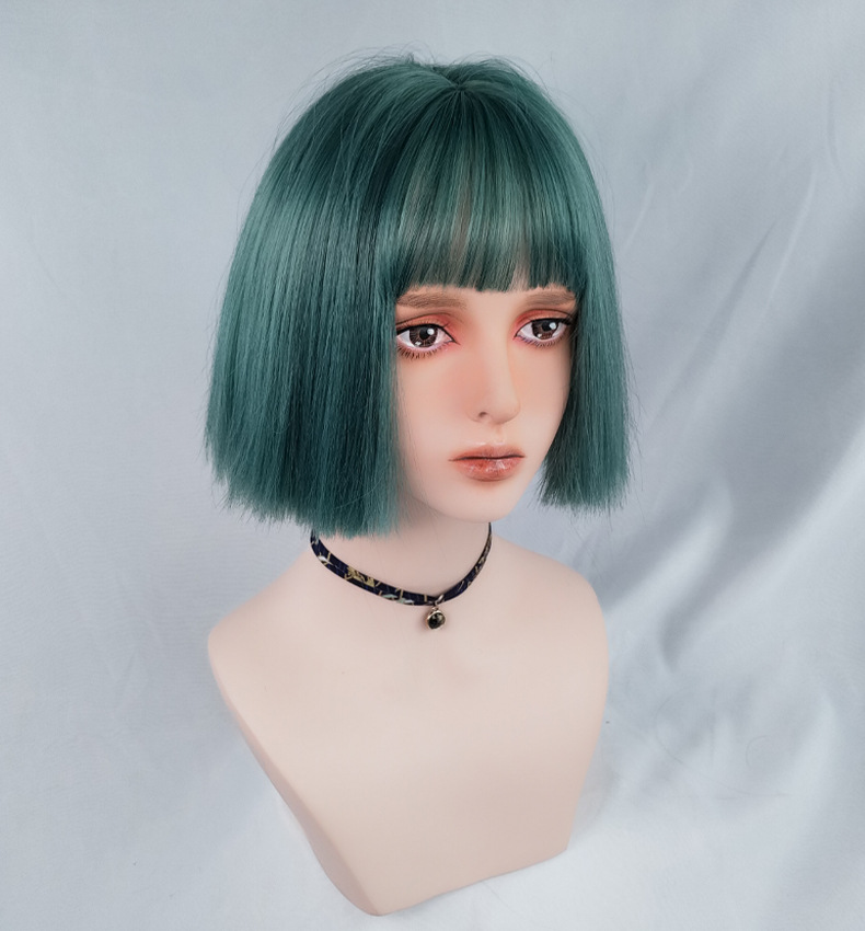 Cross-Border E-Commerce for Cosplay Anime Color Wig Female Short Hair Green Air Bangs Wig Sheath Cross-Border E-Commerce for Cosplay Anime Color Wig Female Short Hair Green Air Bangs Wig Sheath