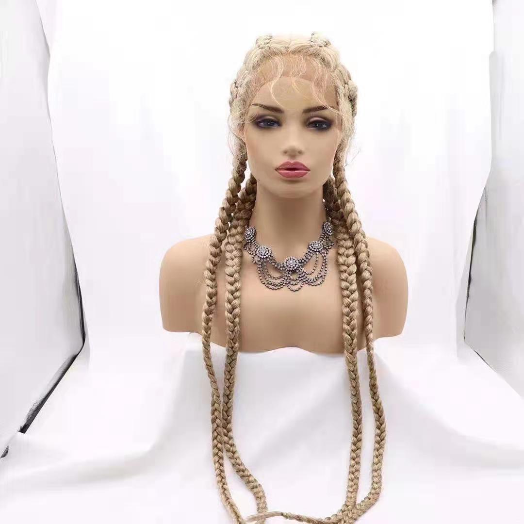Europe and America Cross Border E-Commerce Amazon Front Lace Four-Strand Braid Big Braid European and American Style Wig Black in Stock 011