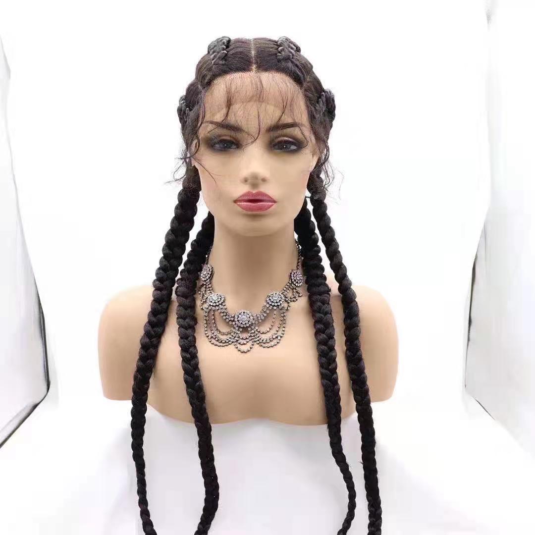 Europe and America Cross Border E-Commerce Amazon Front Lace Four-Strand Braid Big Braid European and American Style Wig Black in Stock 011