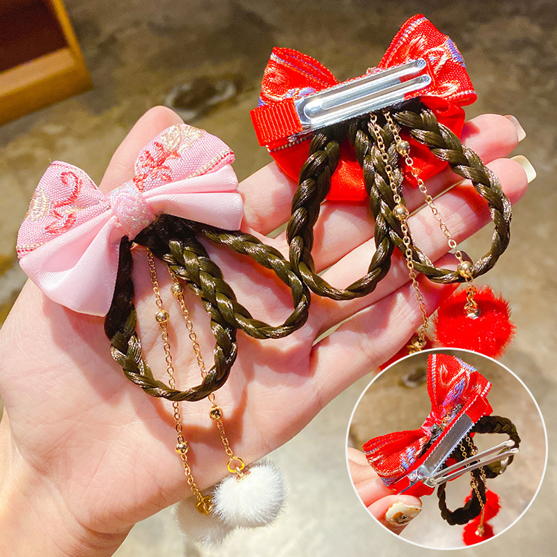 Little Girl&#039;s New Year Headdress Red Bow Wig Braid Hair Ball Tassel Hairpin Children&#039;s New Year Hairpin Hair Ornaments