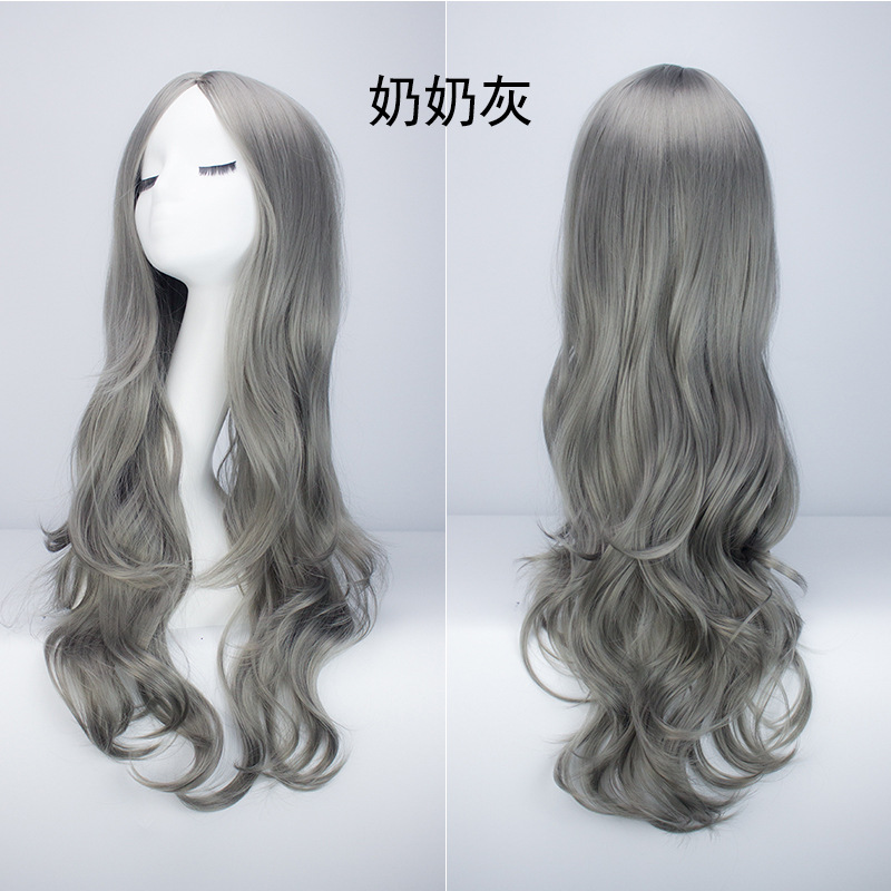 Wholesale European and American Chemical Fiber Wig Female Long Curly Hair Big Wave Center-Parted Bangs Granny Grey Wig Wig Sheath Cos