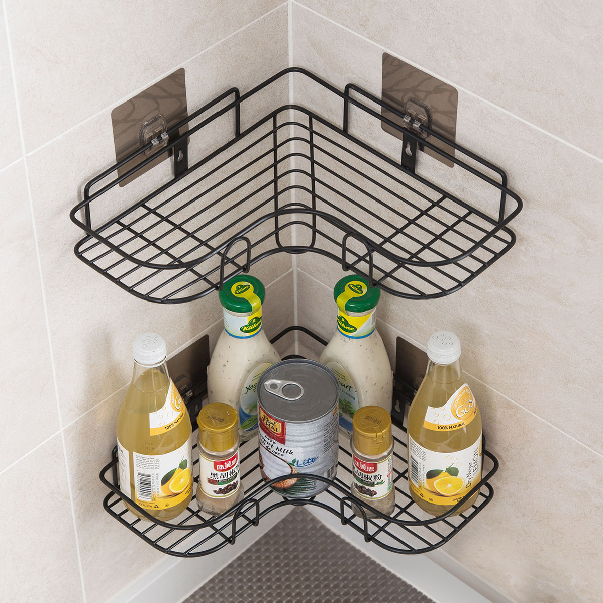 Bathroom Kitchen Corner Shelf Bathroom Corner Triangle Storage Rack Iron Punch-Free Factory Direct Sales with Stickers
