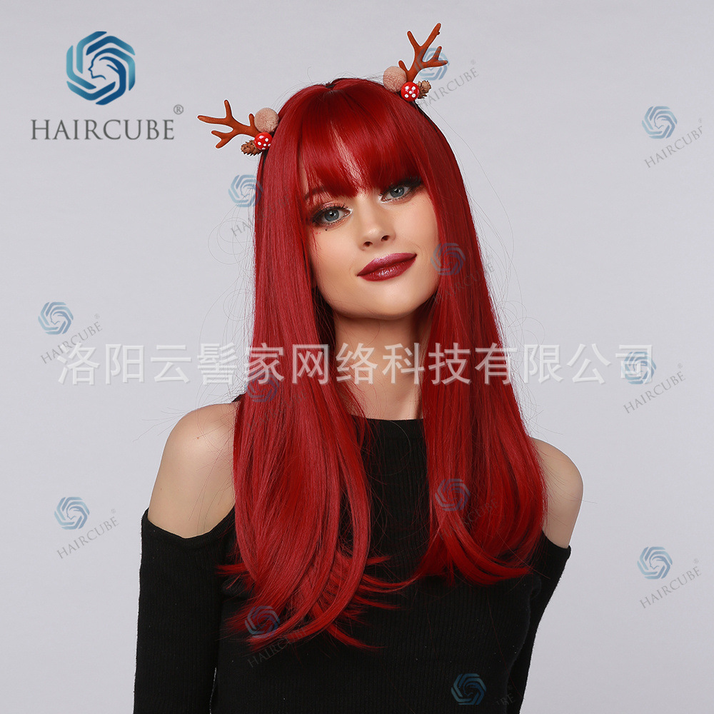 High-Temperature Fiber Women&#039;s Wig Red Brown Straight Bangs European and American Style Wigs Party Ball Daily Application