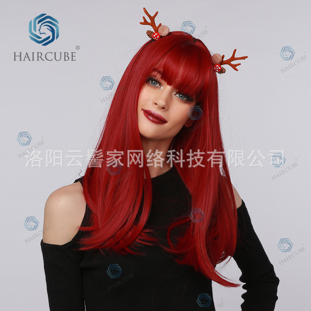 High-Temperature Fiber Women&#039;s Wig Red Brown Straight Bangs European and American Style Wigs Party Ball Daily Application