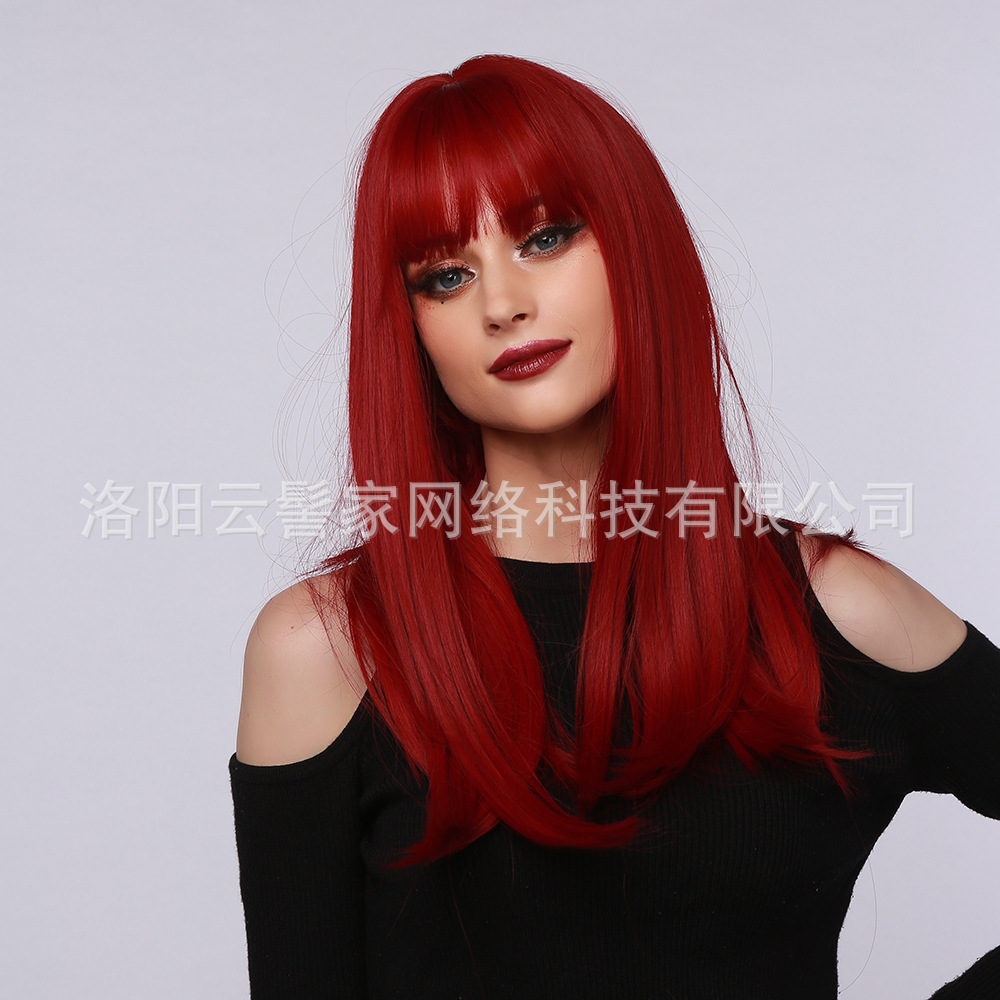 High-Temperature Fiber Women's Wig Red Brown Straight Bangs European and American Style Wigs Party Ball Daily Application