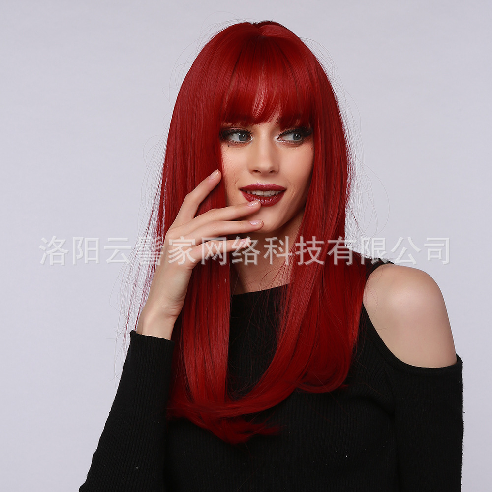 High-Temperature Fiber Women's Wig Red Brown Straight Bangs European and American Style Wigs Party Ball Daily Application