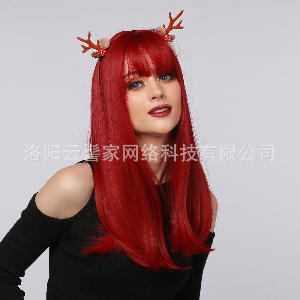 High-Temperature Fiber Women's Wig Red Brown Straight Bangs European and American Style Wigs Party Ball Daily Application