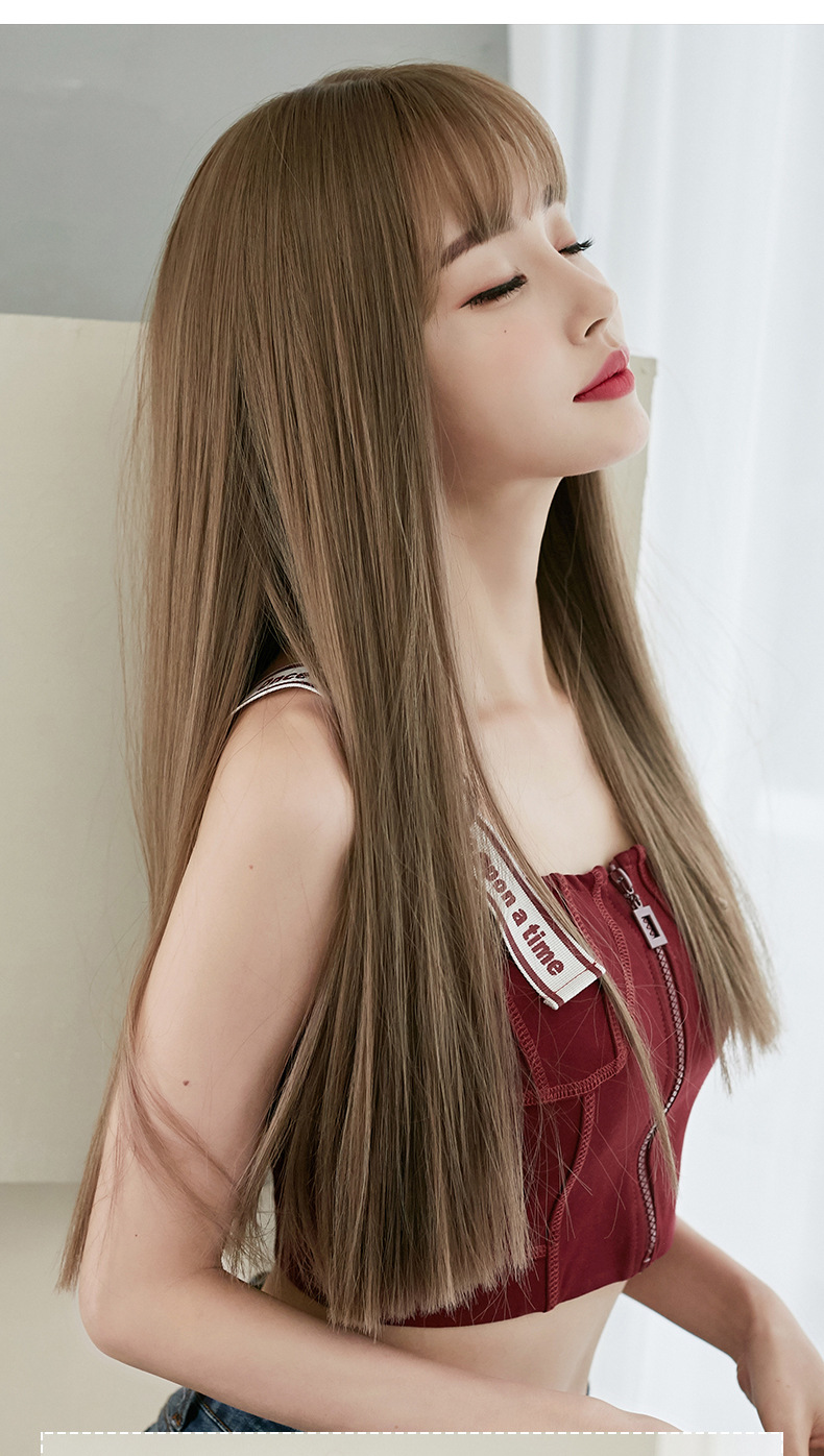 Wig Women's Long Hair Full-Head Wig Black Long Straight Hair Natural Air Bangs Full Top Hair Realistic Wig Factory Wholesale