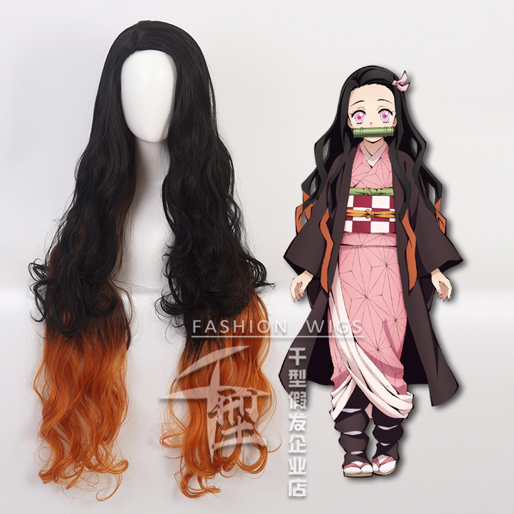Thousand Ghost Blade Stove Door Nezuko Cos Wig Natural Black Gradient Brown Long Curly Hair