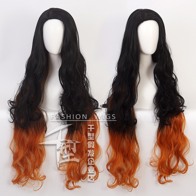 Thousand Ghost Blade Stove Door Nezuko Cos Wig Natural Black Gradient Brown Long Curly Hair