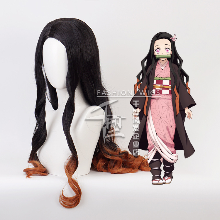 Thousand Ghost Blade Stove Door Nezuko Cos Wig Natural Black Gradient Brown Long Curly Hair