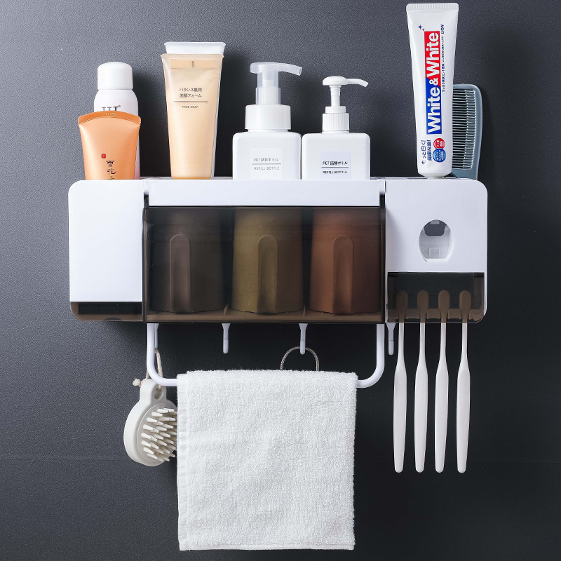 No Punch Toothbrush Holder Storage Wall-Mounted Bathroom Toothbrush Cup Shelf Tooth Glass Suit Wall-Mounted Storage Rack