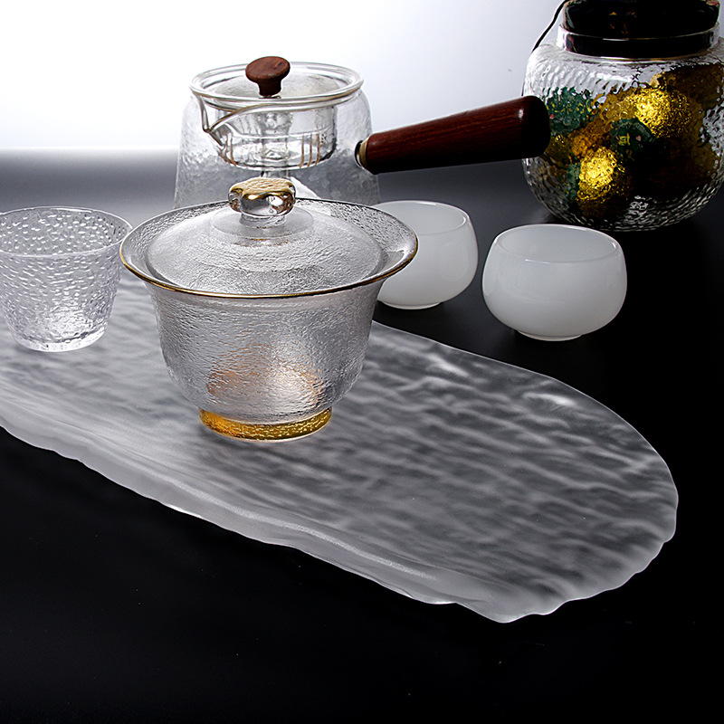 Crystal Tree Pattern Glass Large Tea Tray Teapot Tray Hotel Snack Sushi Plate Japanese and Korean Cuisine Plate Tray