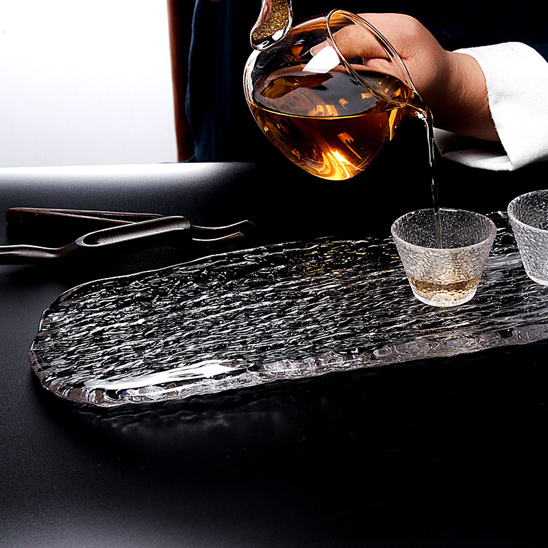 Crystal Tree Pattern Glass Large Tea Tray Teapot Tray Hotel Snack Sushi Plate Japanese and Korean Cuisine Plate Tray