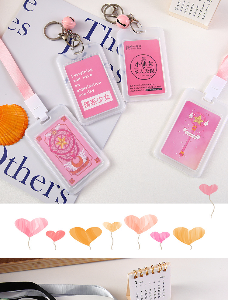 Creative Fresh Transparent Card Cover Hard IC Certificate Holder Key Chain with Bell Meal Card Student Access Control Bus Card Holder